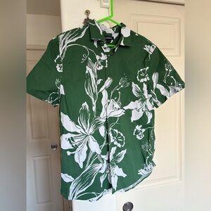 Express Men's Green and White Floral Shirt